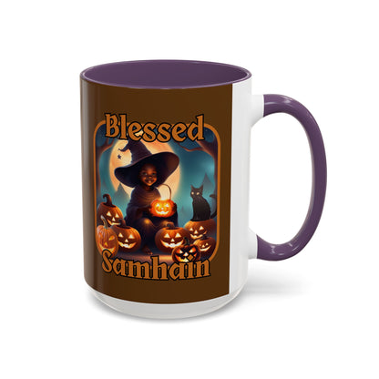 Blessed Samhain Cute Witch Orange font Brown Accent Mug by CreepyCrafts.boo