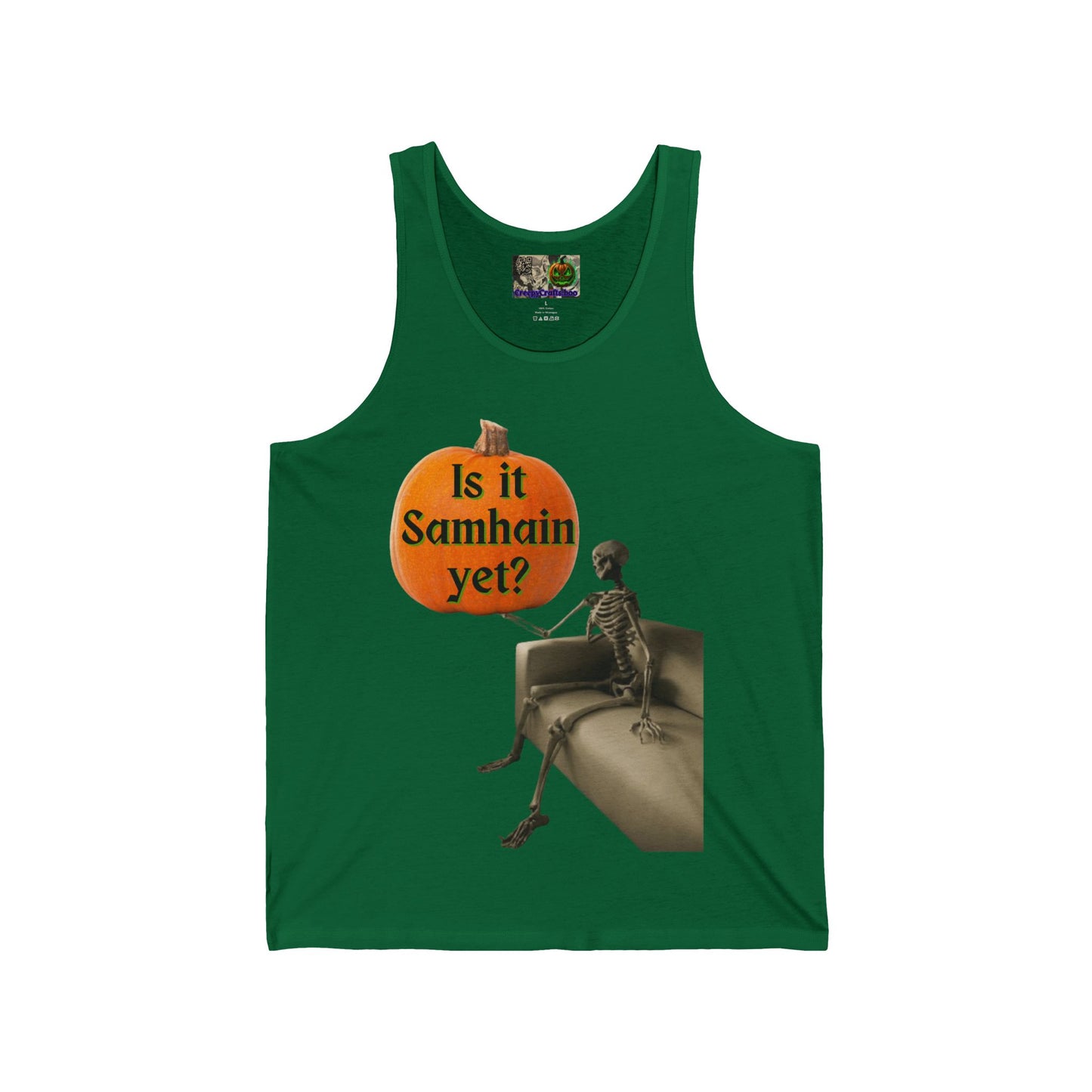 Is it Samhain yet? Skeleton's Pumpkin Unisex Jersey Tank Top by CreepyCrafts.boo