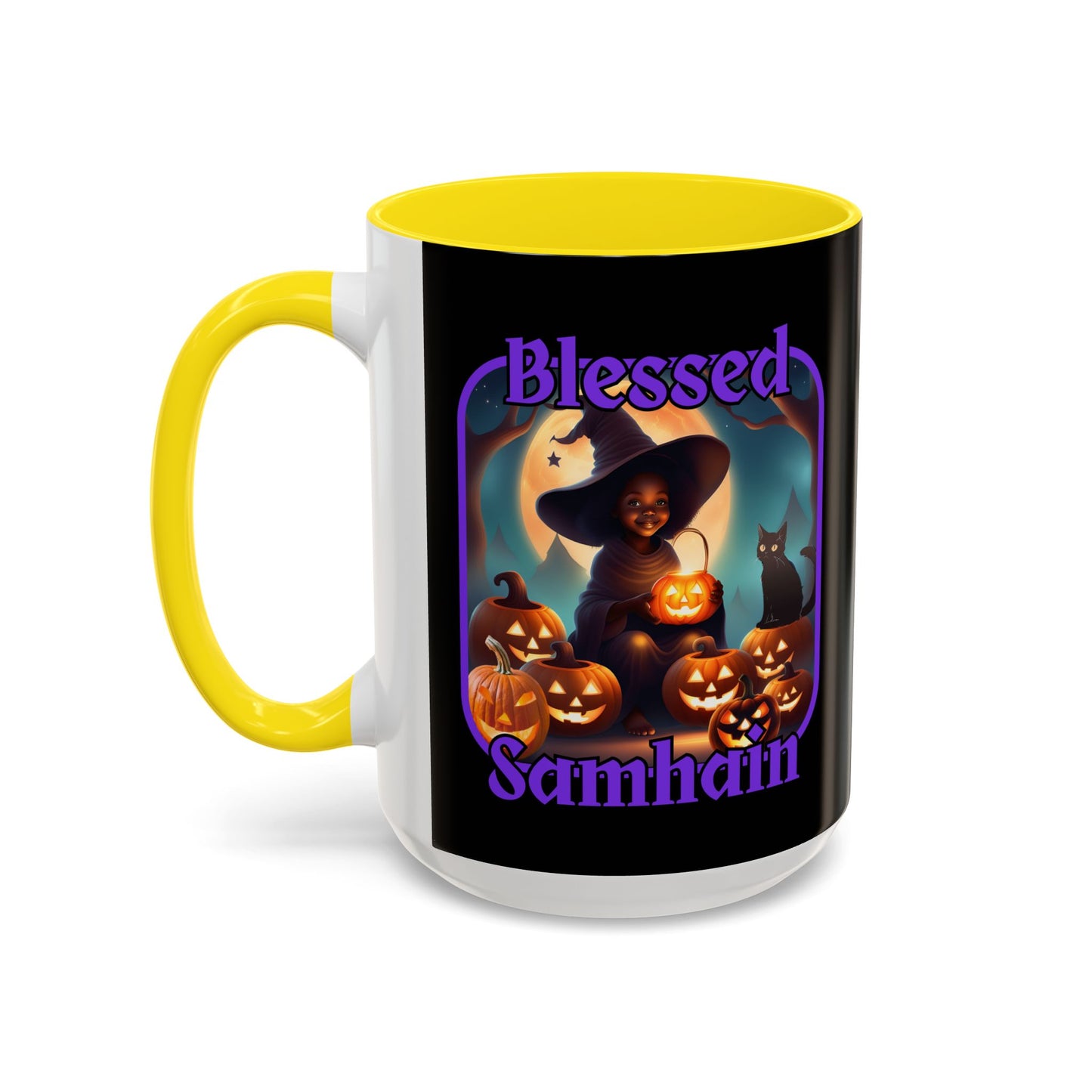 Blessed Samhain Cute Witch Purple font Black Accent Mug by CreepyCrafts.boo