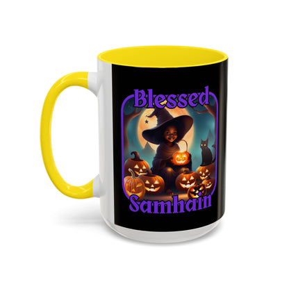 Blessed Samhain Cute Witch Purple font Black Accent Mug by CreepyCrafts.boo