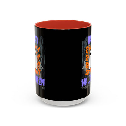Spooky Happy Halloween Ghost Purple font Black Accent Mug by CreepyCrafts.boo
