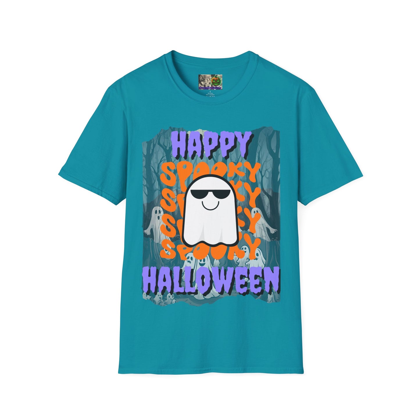 Spooky Happy Halloween Ghost Dark colors Purple font Unisex T-Shirt by CreepyCrafts.boo