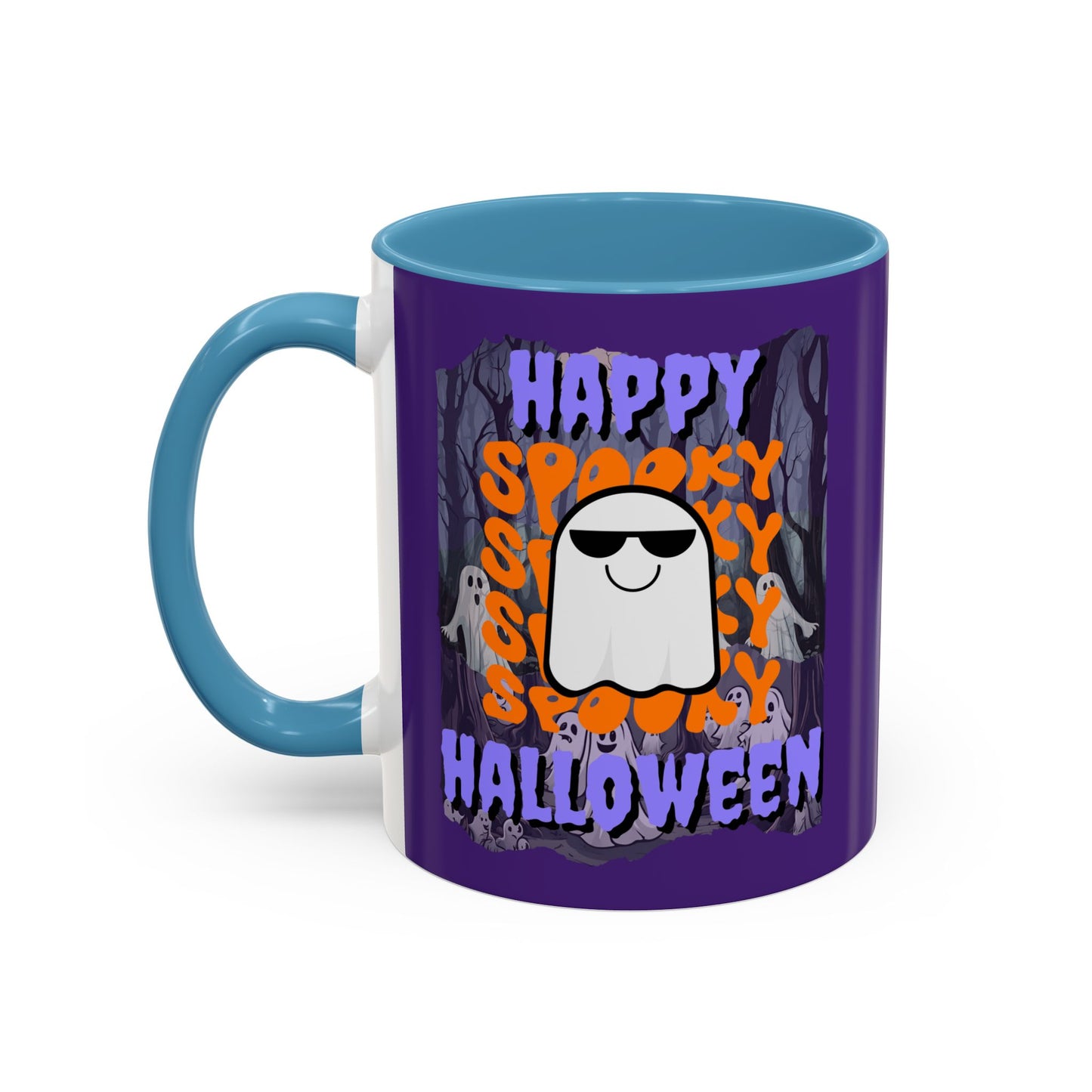 Spooky Happy Halloween Ghost Purple font Purple Accent Mug by CreepyCrafts.boo