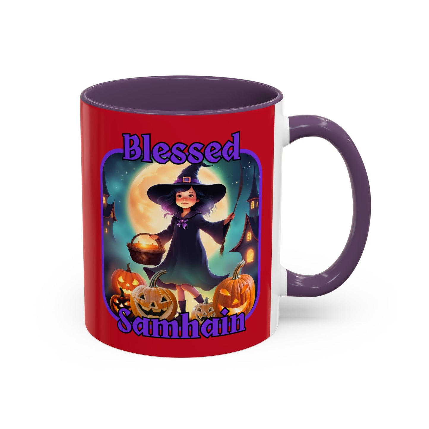 Blessed Samhain Little Witch Purple font Red Accent Mug by CreepyCrafts.boo
