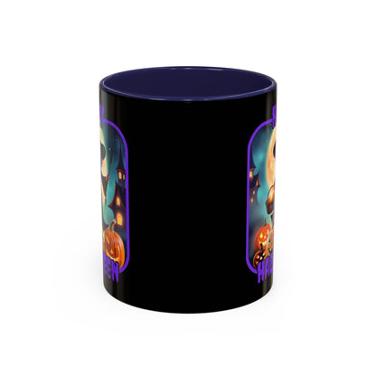 Happy Halloween Little Witch Purple font Black Accent Mug by CreepyCrafts.boo