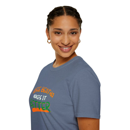 Uisce Beatha makes it better Orange, White, and Green font Dark colors Unisex T-Shirt by cypherpunkgear.com