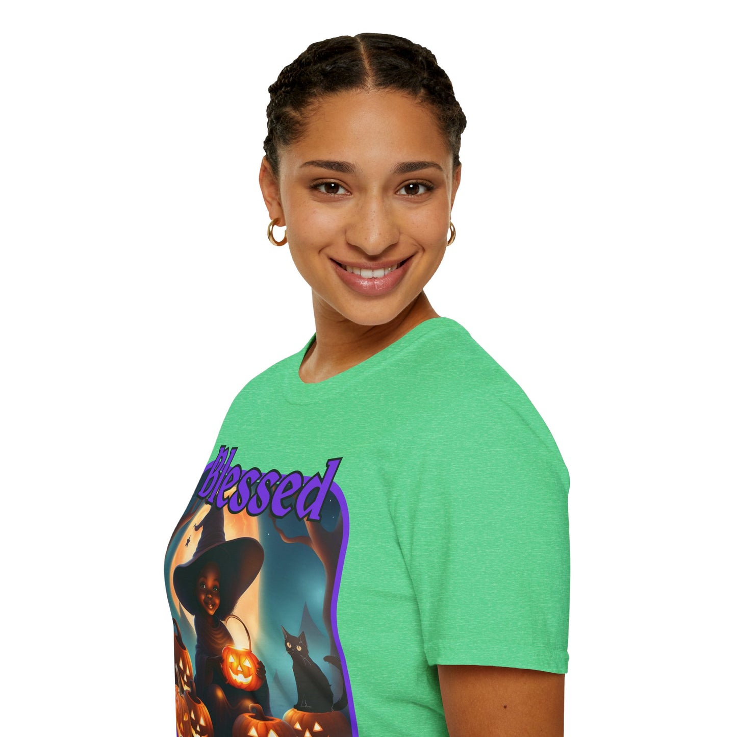 Blessed Samhain Cute Witch Purple font Dark colors Unisex T-Shirt by CreepyCrafts.boo