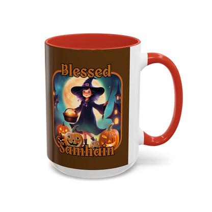 Blessed Samhain Little Witch Orange font Brown Accent Mug by CreepyCrafts.boo