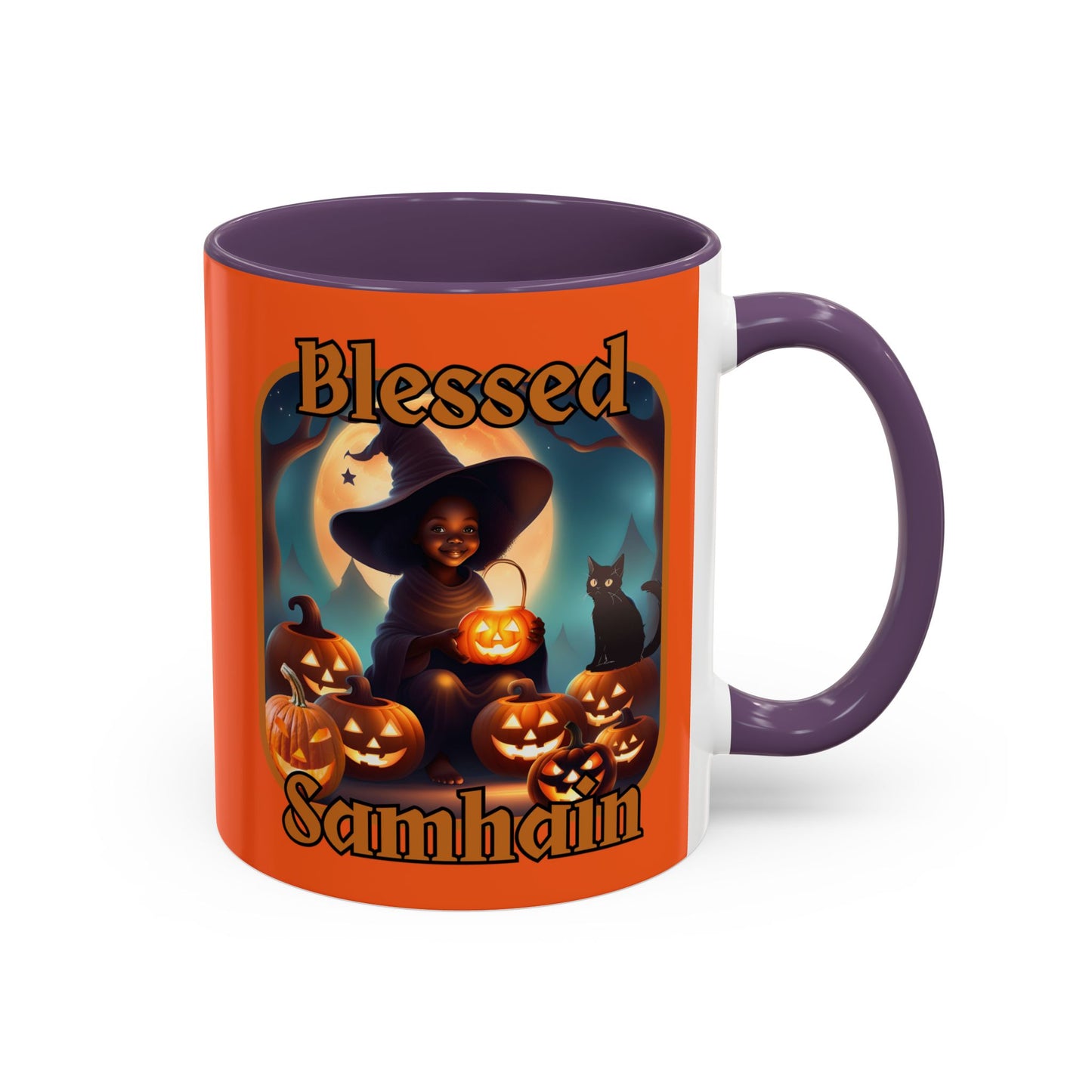 Blessed Samhain Cute Witch Orange font Orange Accent Mug by CreepyCrafts.boo