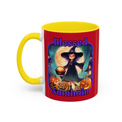 Blessed Samhain Little Witch Purple font Red Accent Mug by CreepyCrafts.boo