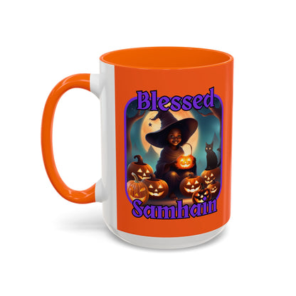 Blessed Samhain Cute Witch Purple font Orange Accent Mug by CreepyCrafts.boo
