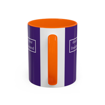 don't assume your freedoms are assured, White font, Dark Purple Accent Mug by cypherpunkgear.com