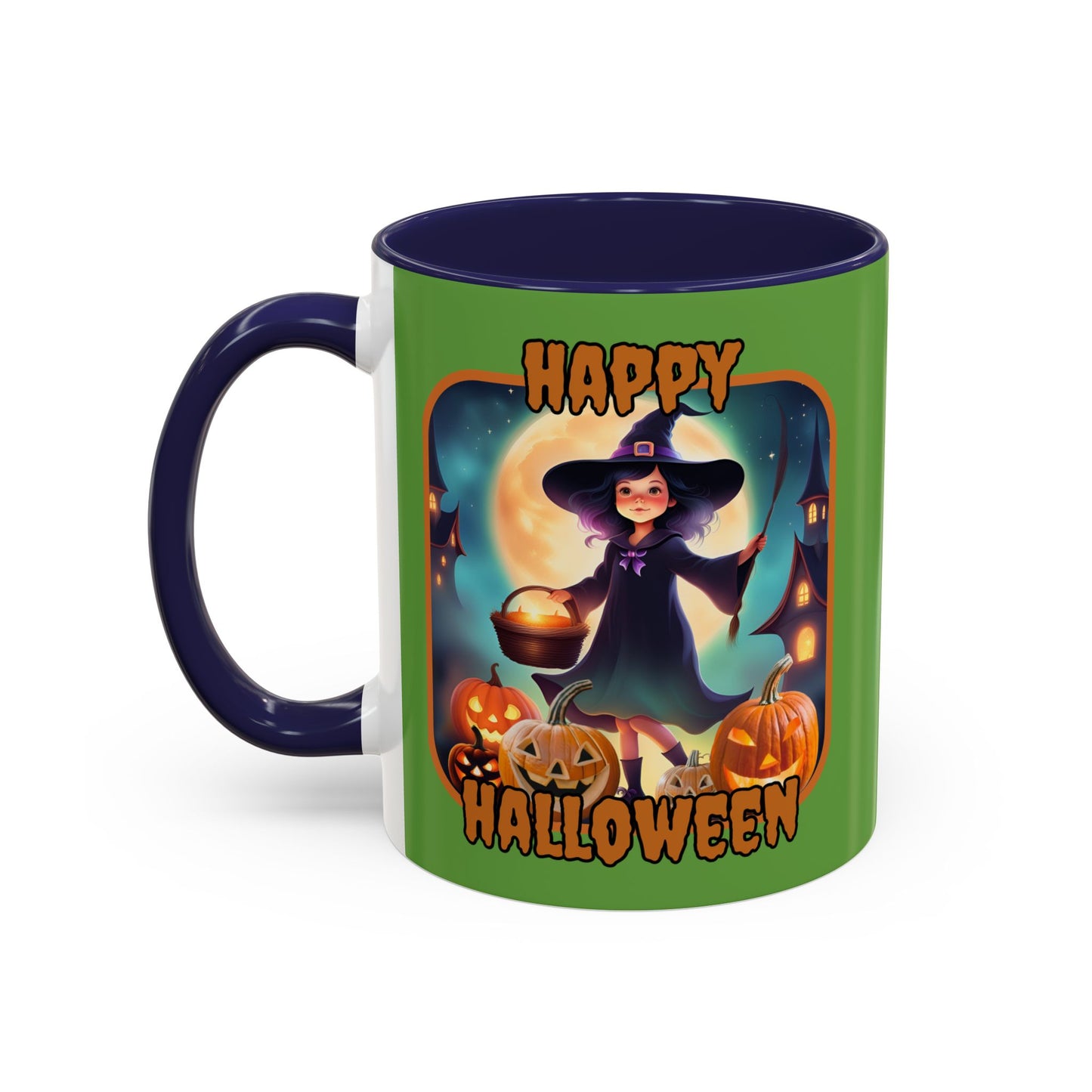 Happy Halloween Little Witch Orange font Green Accent Mug by CreepyCrafts.boo