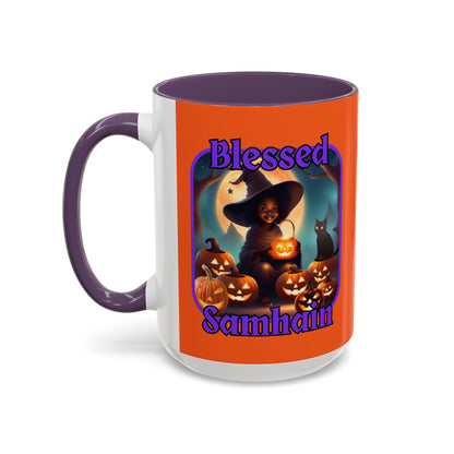 Blessed Samhain Cute Witch Purple font Orange Accent Mug by CreepyCrafts.boo