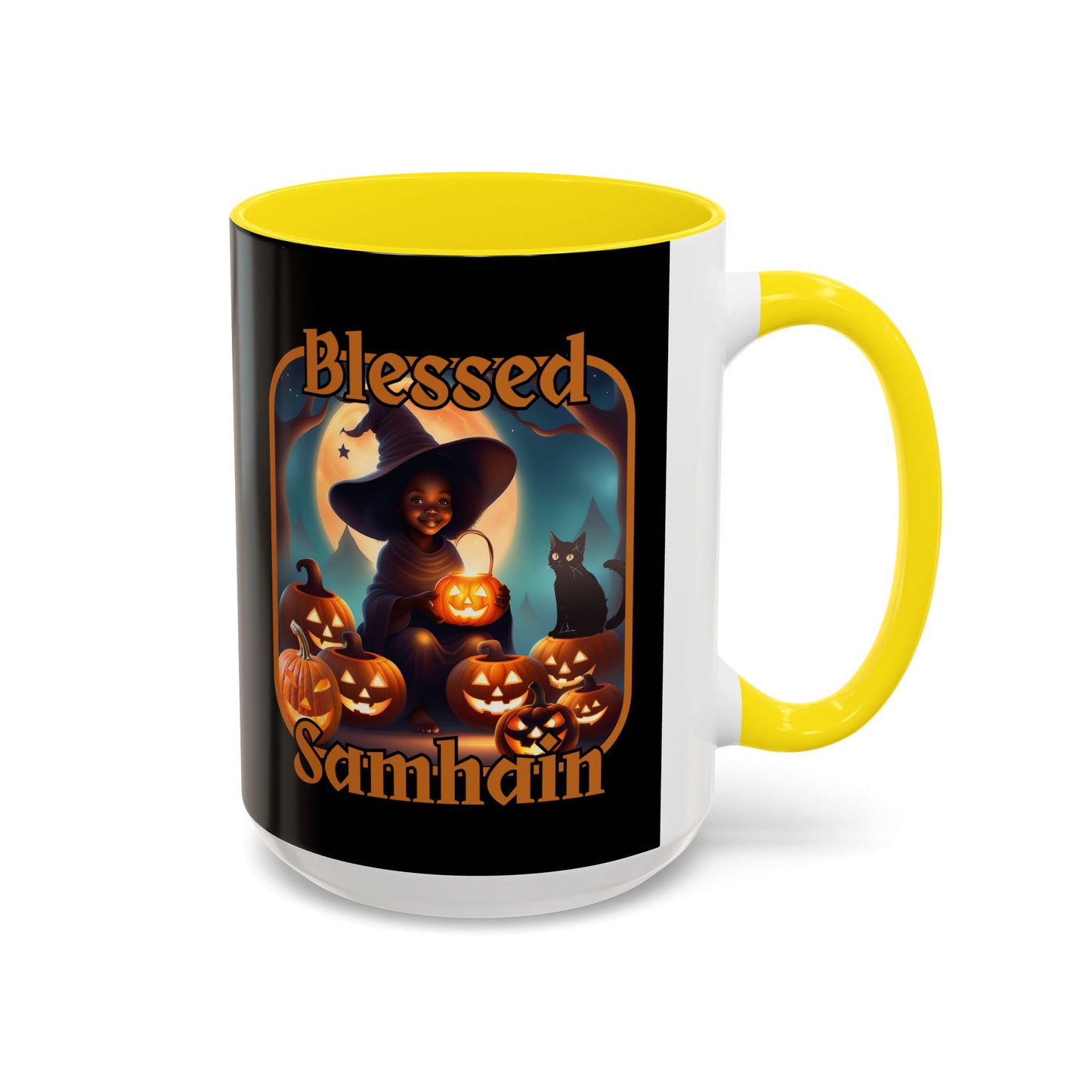 Blessed Samhain Cute Witch Orange font Black Accent Mug by CreepyCrafts.boo