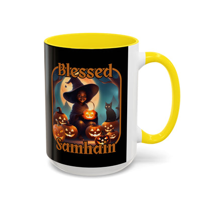 Blessed Samhain Cute Witch Orange font Black Accent Mug by CreepyCrafts.boo