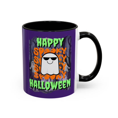 Spooky Happy Halloween Ghost Green font Purple Accent Mug by CreepyCrafts.boo