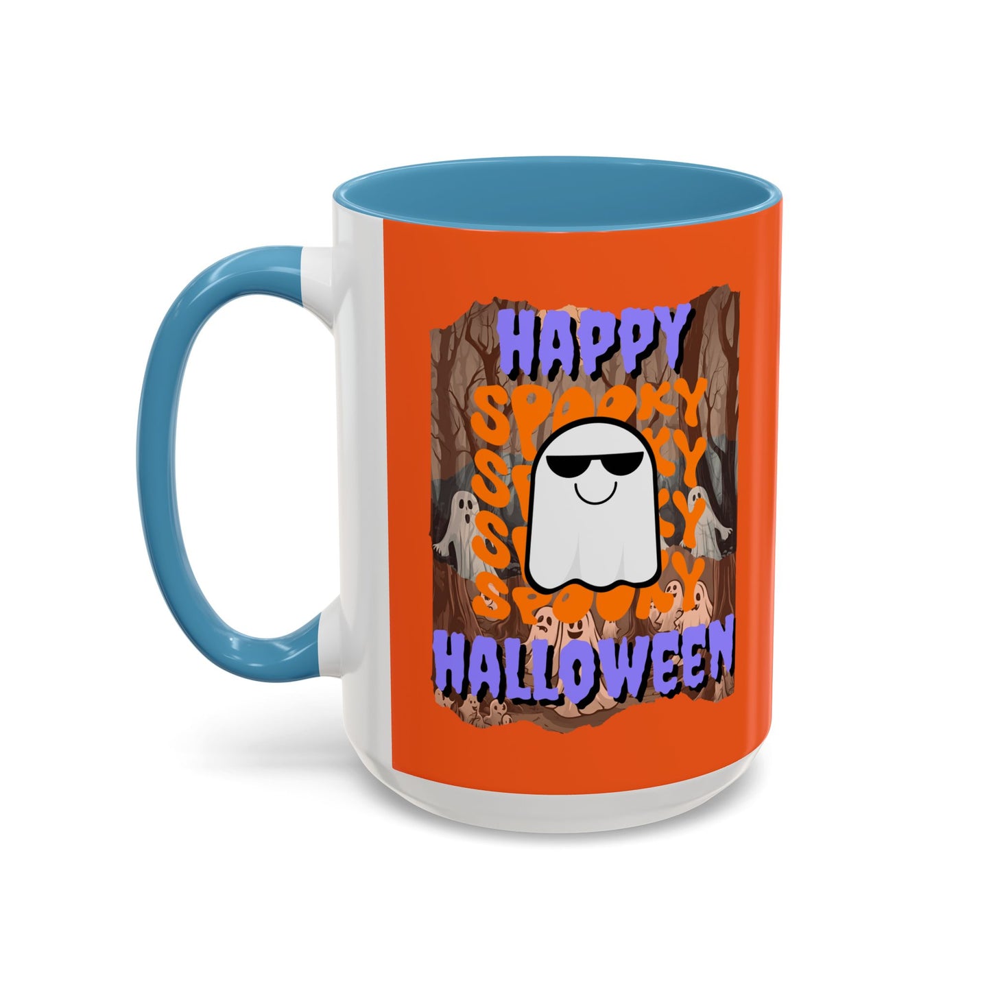 Spooky Happy Halloween Ghost Purple font Orange Accent Mug by CreepyCrafts.boo