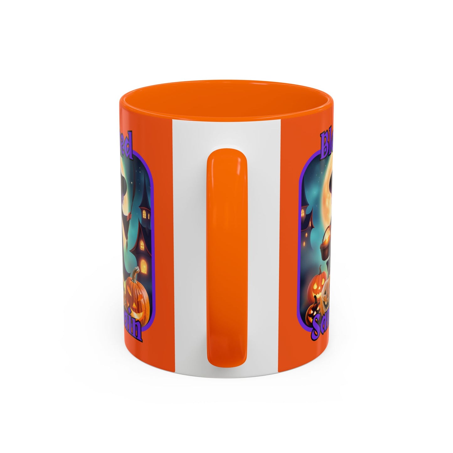 Blessed Samhain Little Witch Purple font Orange Accent Mug by CreepyCrafts.boo