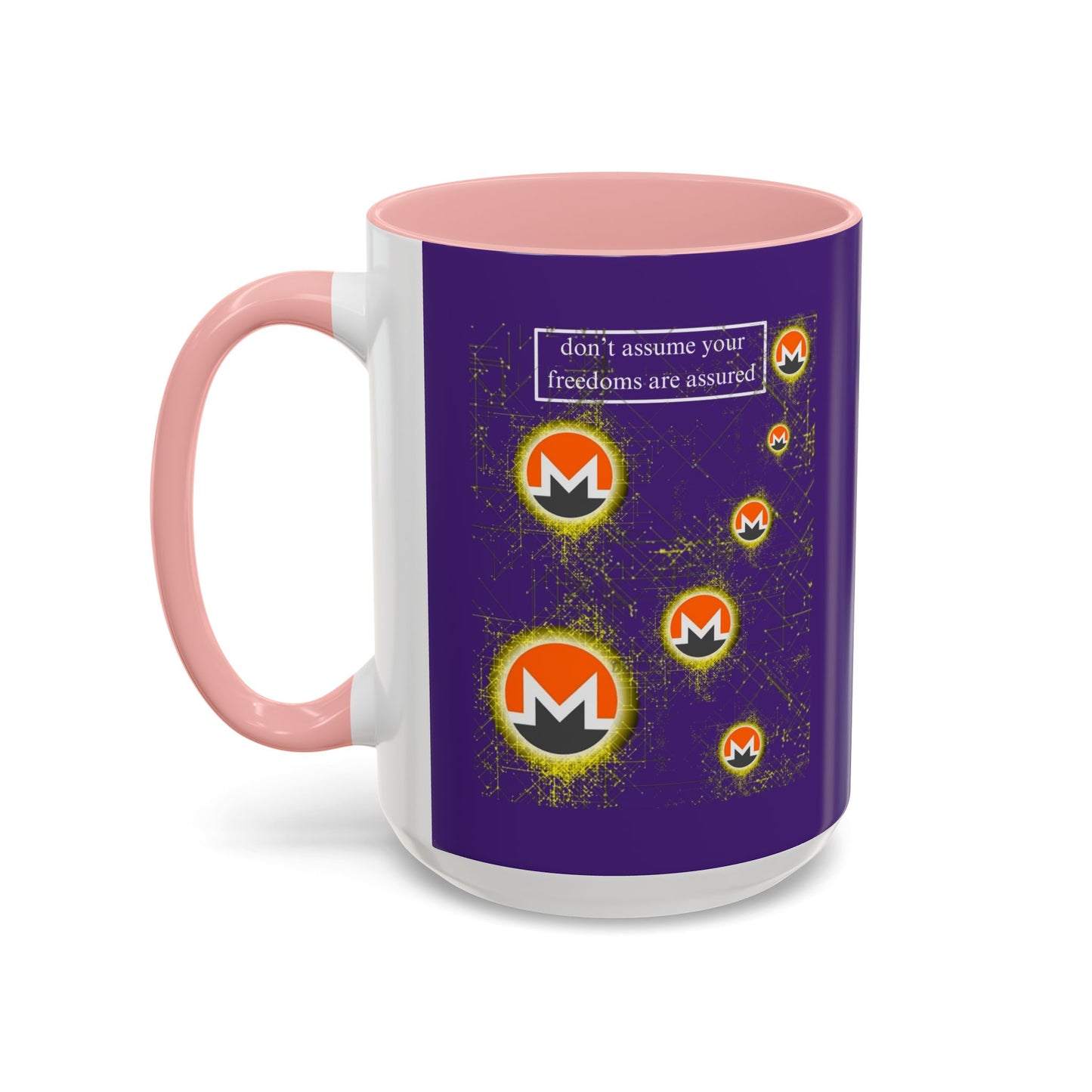 Monero (XMR) don't assume your freedoms are assured Purple Accent Mug by cypherpunkgear.com