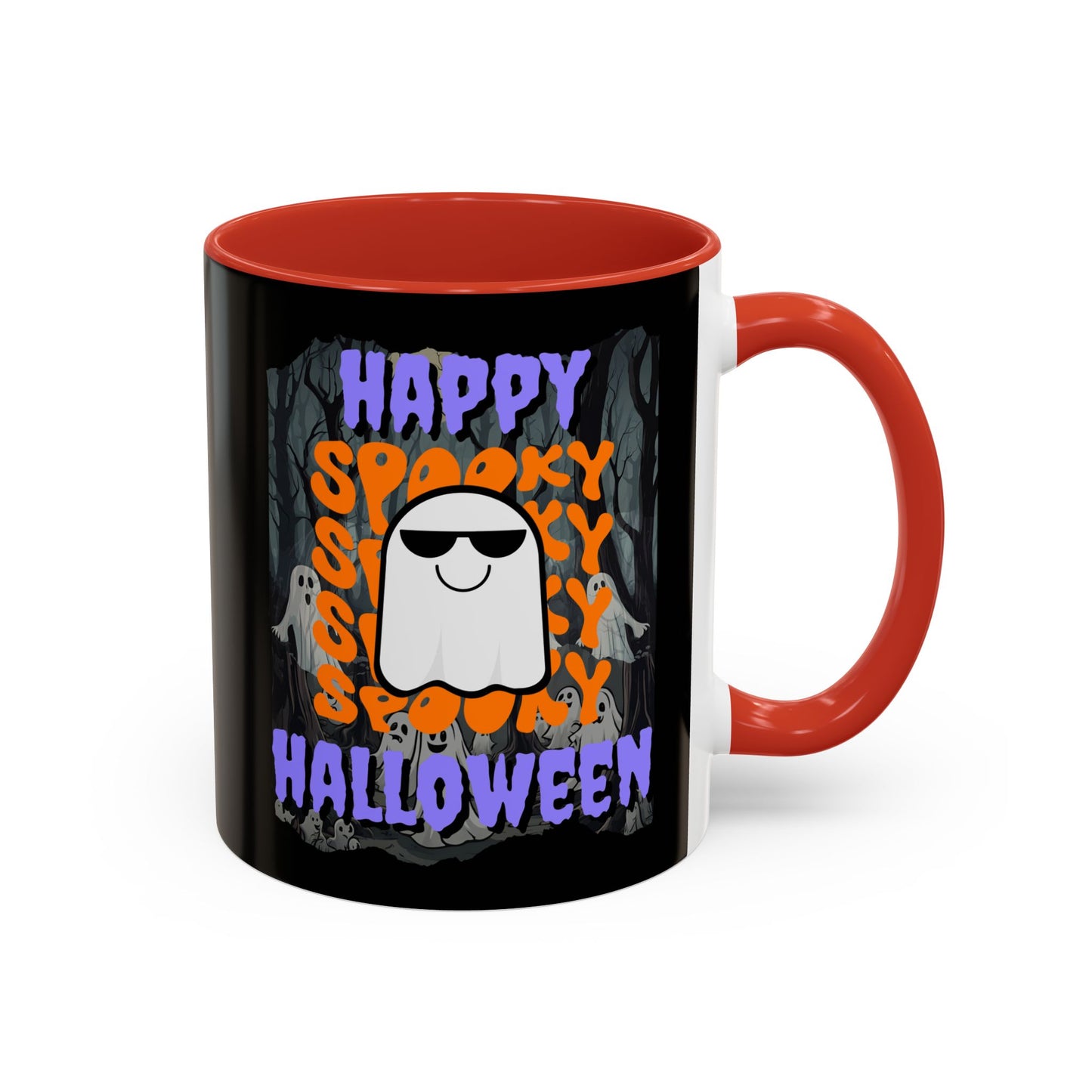 Spooky Happy Halloween Ghost Purple font Black Accent Mug by CreepyCrafts.boo