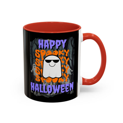 Spooky Happy Halloween Ghost Purple font Black Accent Mug by CreepyCrafts.boo