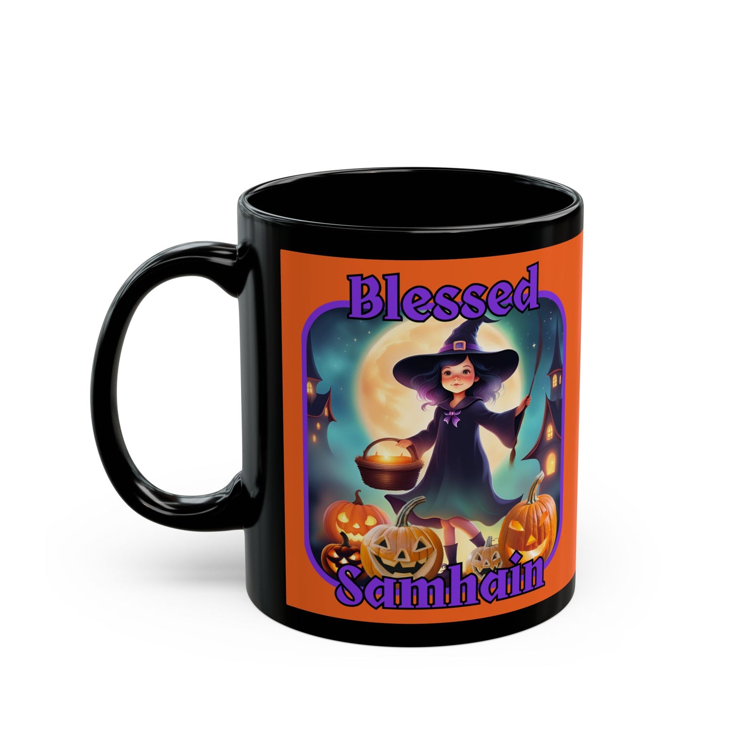 Blessed Samhain Little Witch Purple font Orange Mug by CreepyCrafts.boo