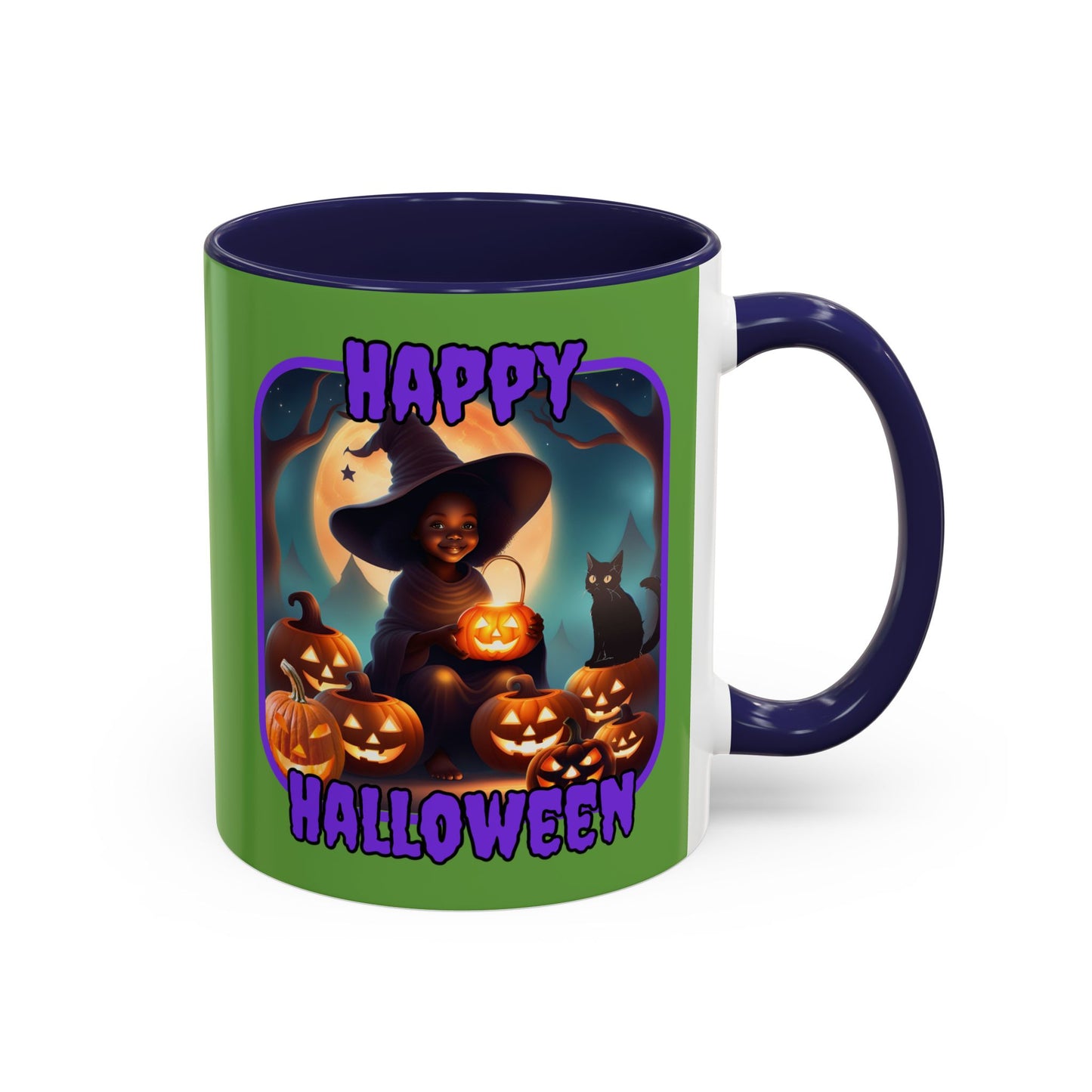 Happy Halloween Cute Witch Purple font Green Accent Mug by CreepyCrafts.boo