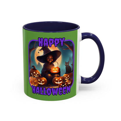 Happy Halloween Cute Witch Purple font Green Accent Mug by CreepyCrafts.boo