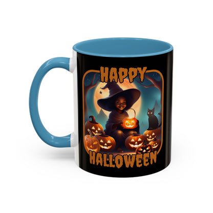 Happy Halloween Cute Witch Orange font Black Accent Mug by CreepyCrafts.boo