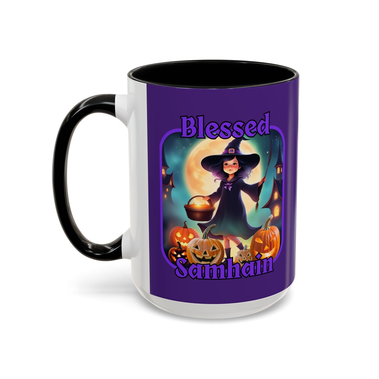 Blessed Samhain Little Witch Purple font Purple Accent Mug by CreepyCrafts.boo