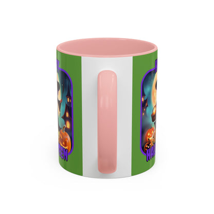 Happy Halloween Little Witch Purple font Green Accent Mug by CreepyCrafts.boo