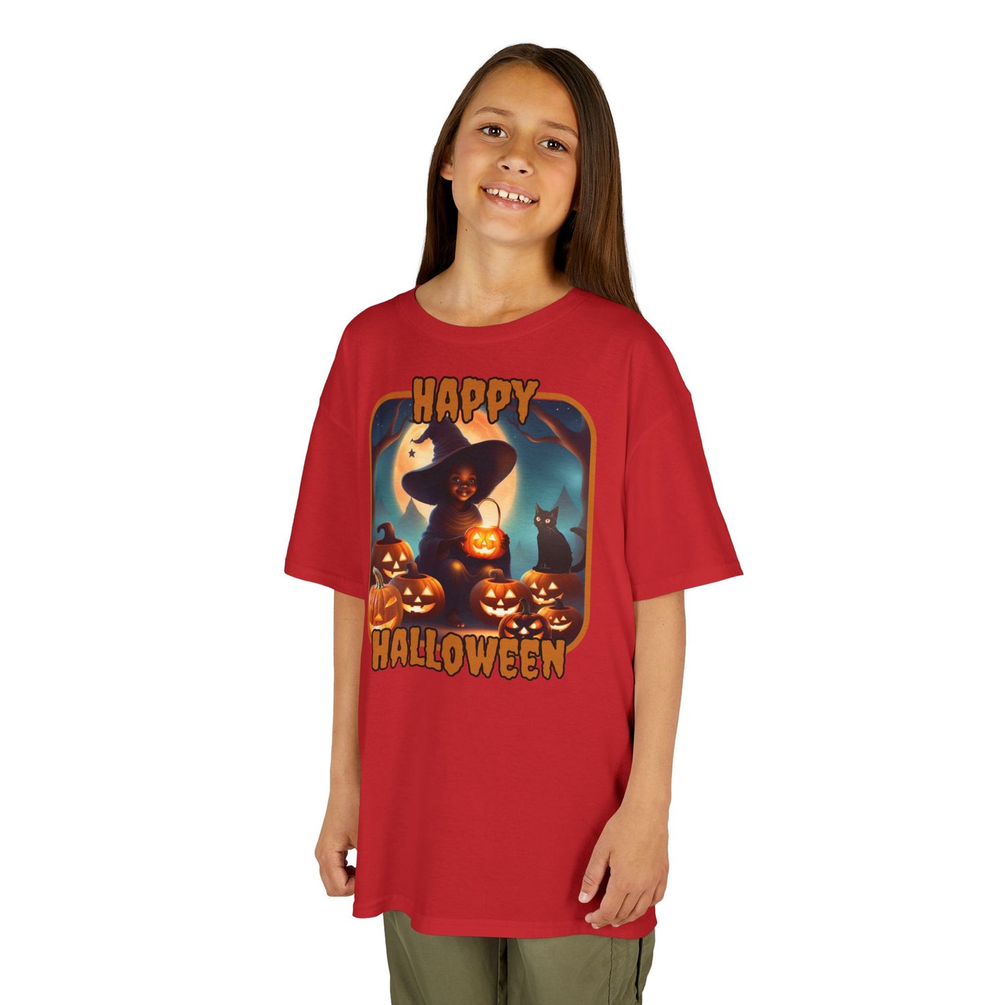 Happy Halloween Cute Witch Orange font Kids Heavy Cotton™ Tee by CreepyCrafts.boo