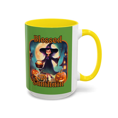 Blessed Samhain Little Witch Orange font Green Accent Mug by CreepyCrafts.boo