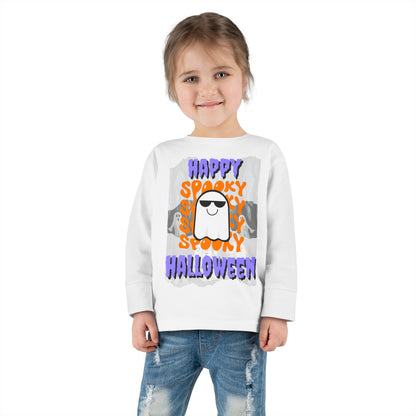 Spooky Happy Halloween Ghost PRfont Toddler Long Sleeve Tee by cypherpunkgear