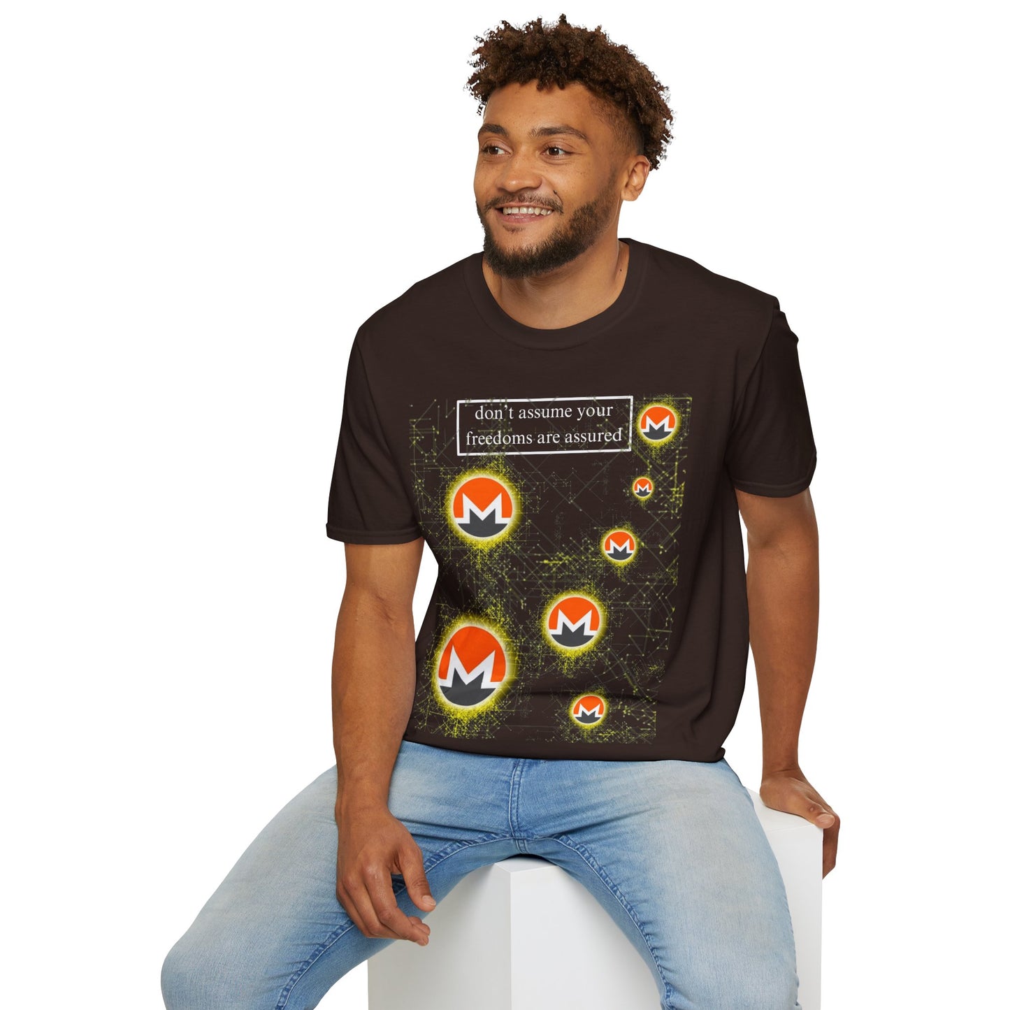 Monero (XMR) don't assume your freedoms are assured Dark colors Unisex T-Shirt by cypherpunkgear.com