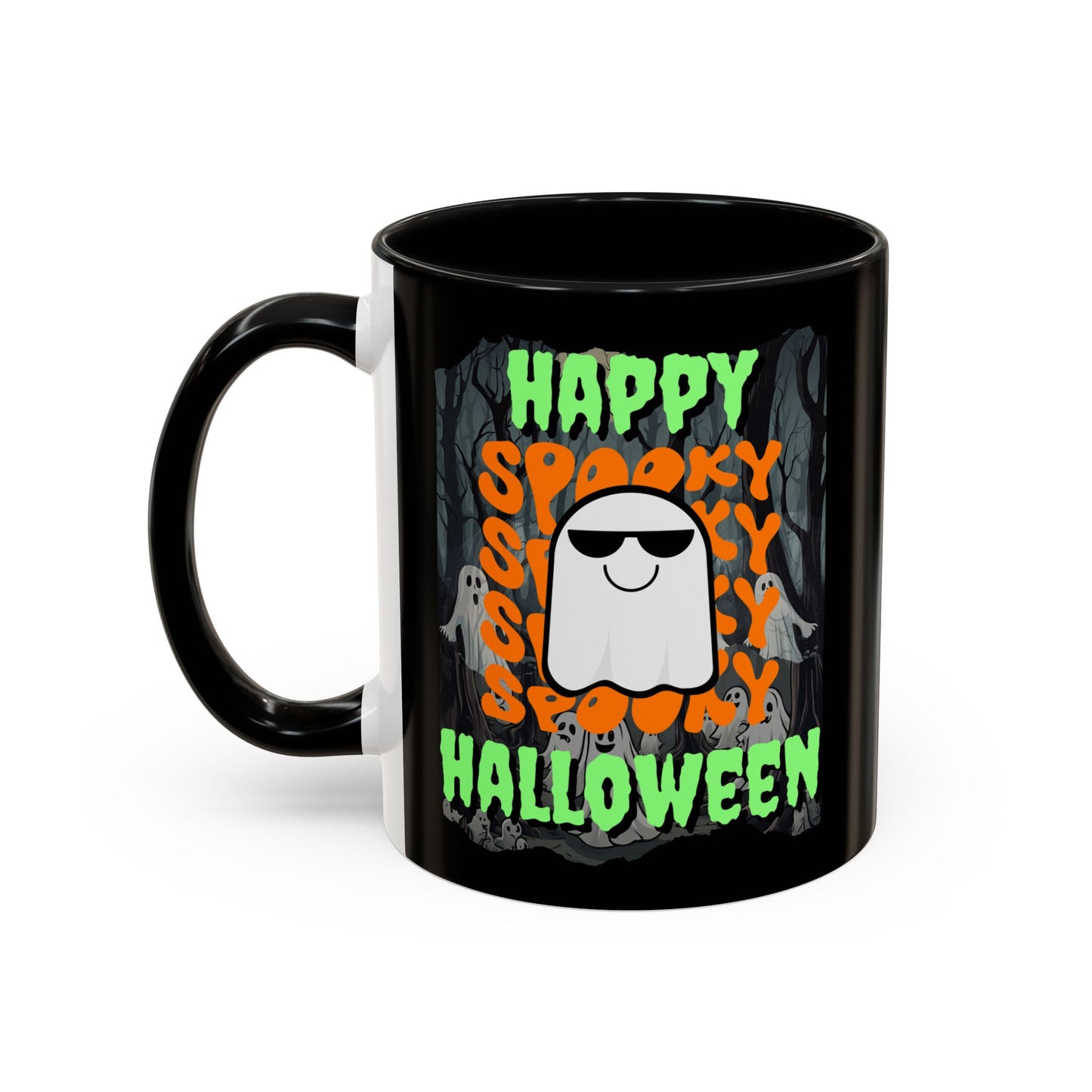 Spooky Happy Halloween Ghost Green font Black Accent Mug by CreepyCrafts.boo