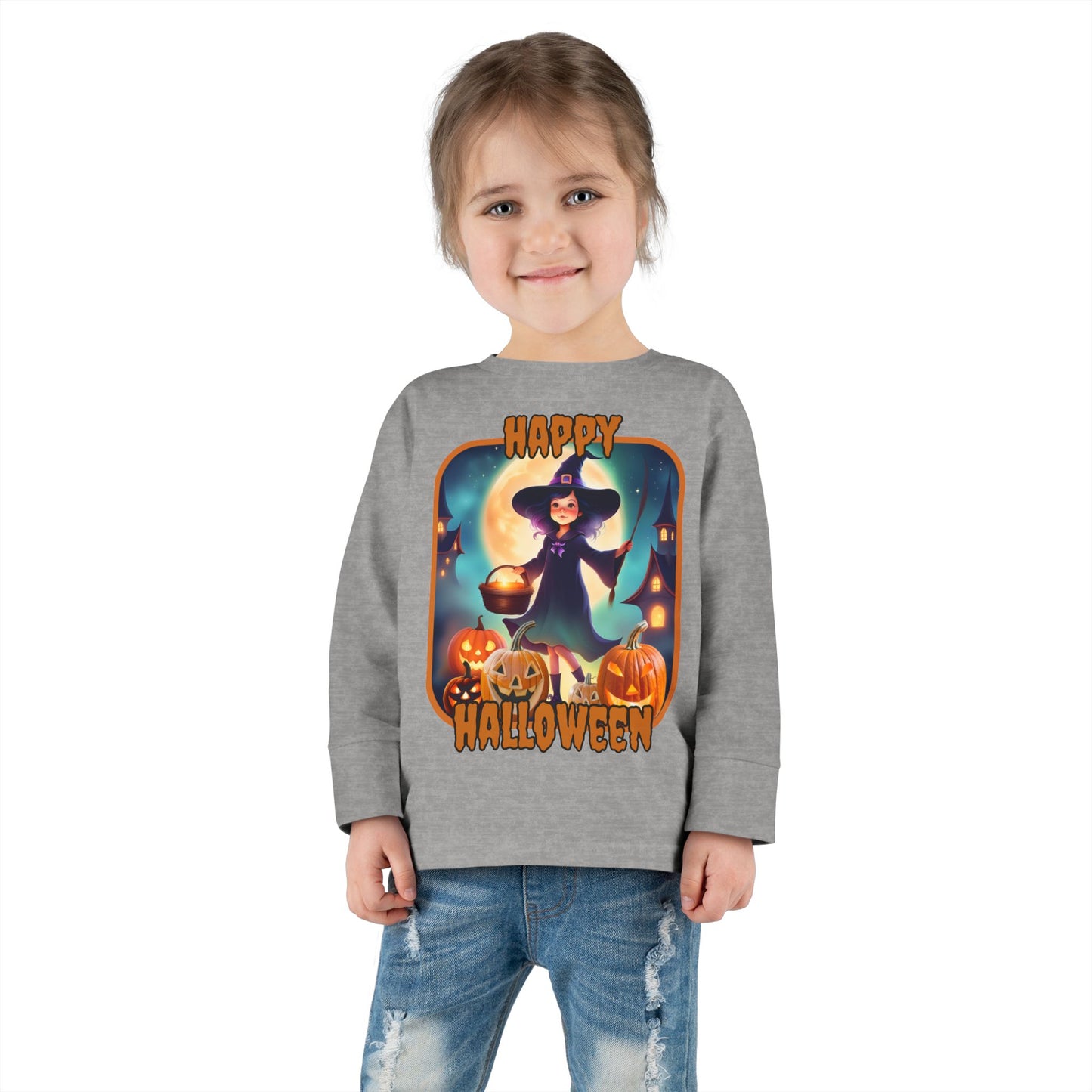 Happy Halloween Little Witch Orange font Toddler Long Sleeve Tee by CreepyCrafts.boo