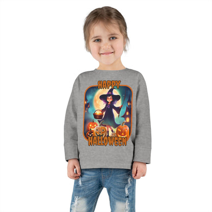 Happy Halloween Little Witch Orange font Toddler Long Sleeve Tee by CreepyCrafts.boo
