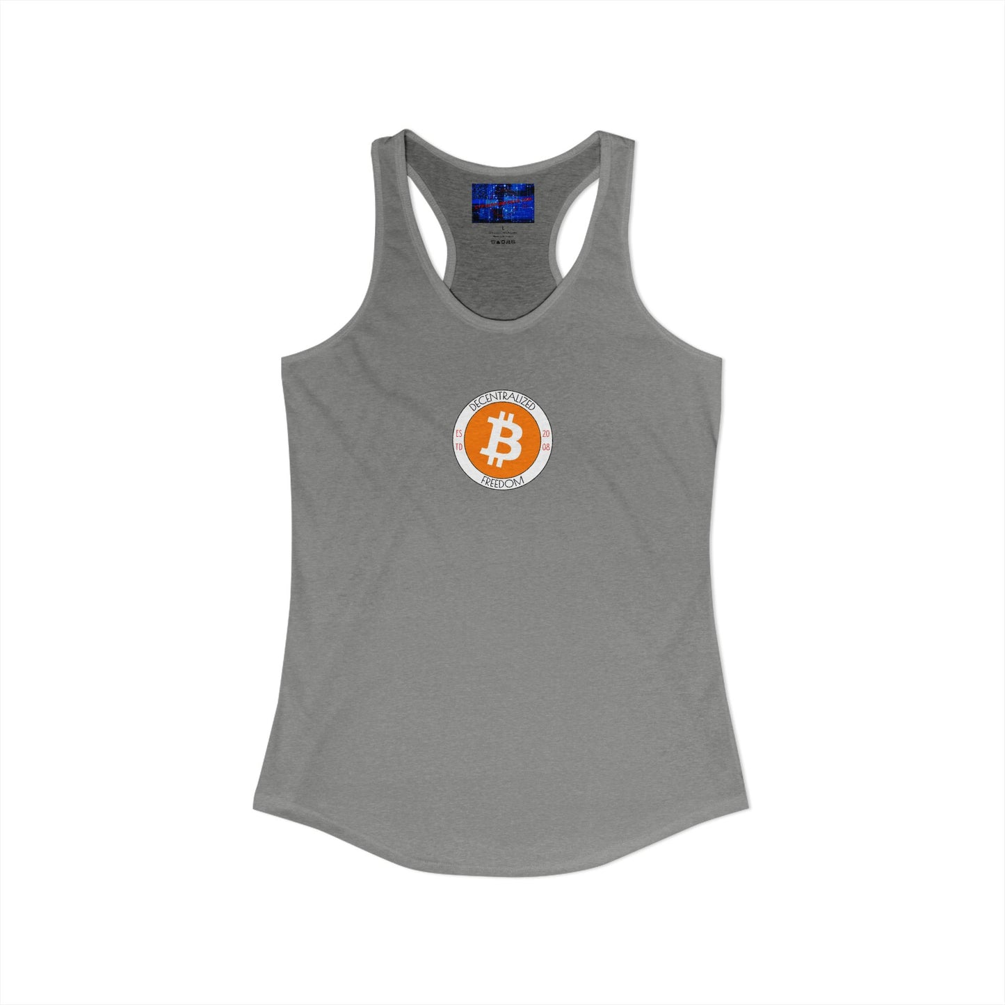 2-sided, Bitcoin (BTC) Decentralized Freedom Women's Racerback Tank Top by cypherpunkgear.com