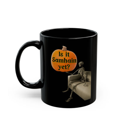 Waiting for Samhain Skeleton Black Mug by cypherpunkgear