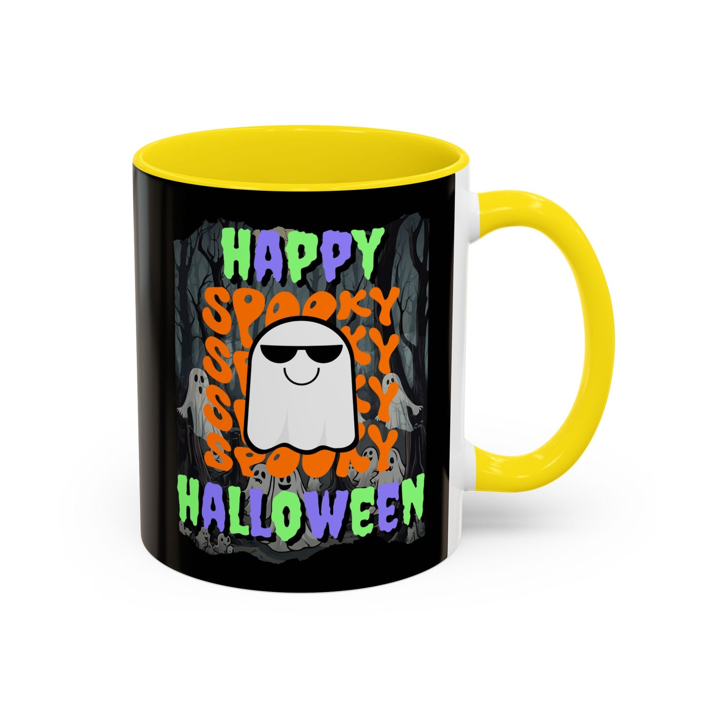 Spooky Happy Halloween Ghost Mixed font Black Accent Mug by CreepyCrafts.boo