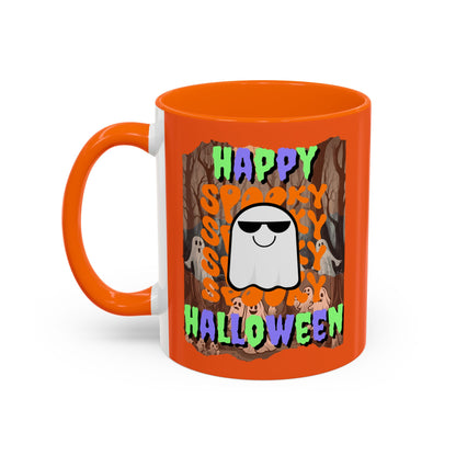 Spooky Happy Halloween Ghost Mixed font Orange Accent Mug by CreepyCrafts.boo