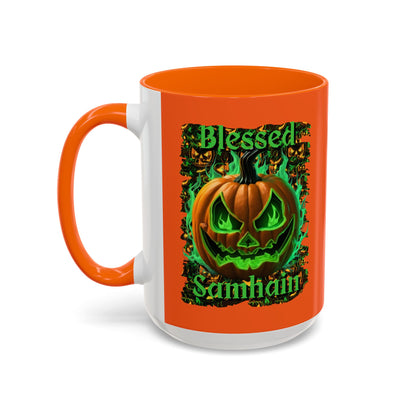 Blessed Samhain Green Jack Orange Accent Mug by CreepyCrafts.boo