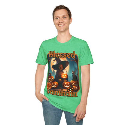 Blessed Samhain Cute Witch ORfont DKcolors Unisex T-Shirt by cypherpunkgear