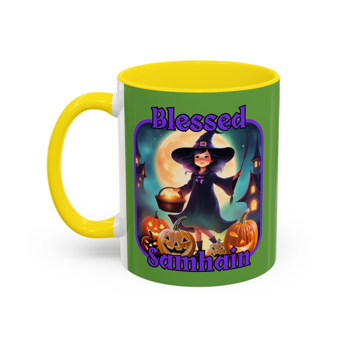 Blessed Samhain Little Witch Purple font Green Accent Mug by CreepyCrafts.boo