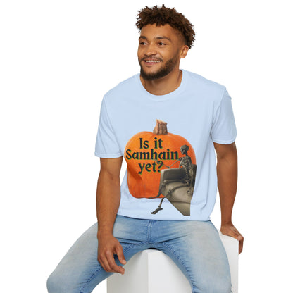 Is It Samhain Yet? Skeleton's Giant Pumpkin Light colors Unisex T-Shirt by CreepyCrafts.boo