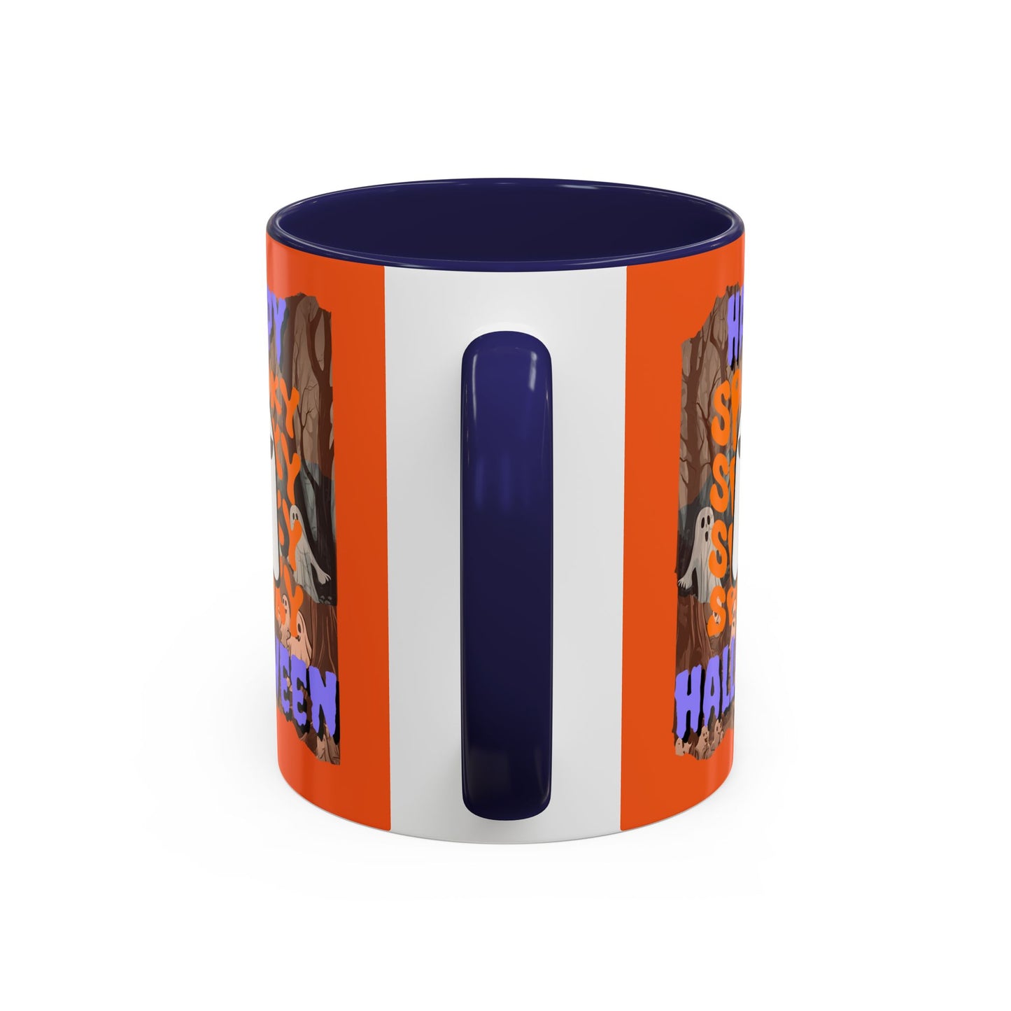 Spooky Happy Halloween Ghost Purple font Orange Accent Mug by CreepyCrafts.boo