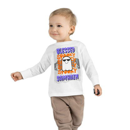 Spooky Blessed Samhain Ghost PRfont Toddler Long Sleeve Tee by cypherpunkgear