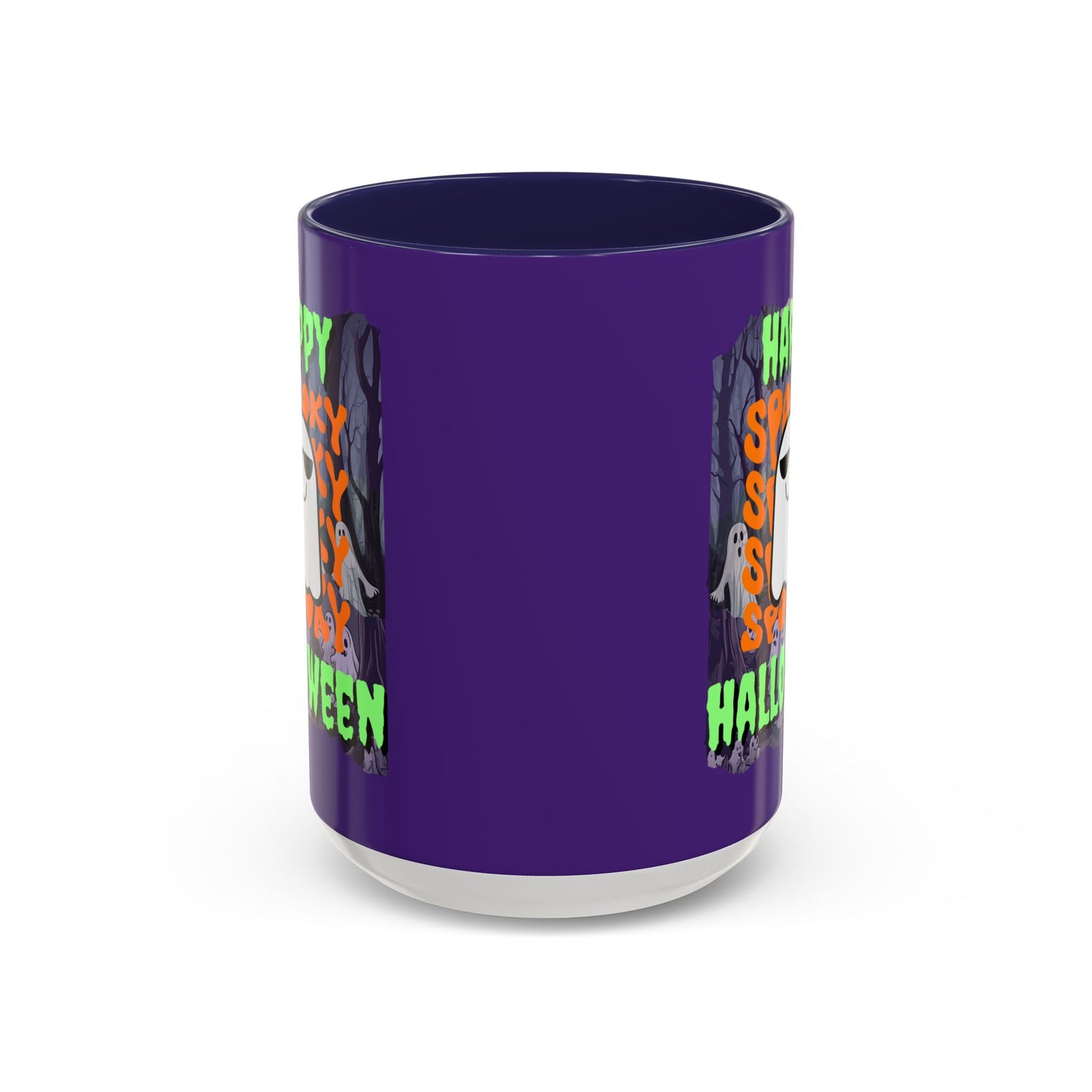 Spooky Happy Halloween Ghost Green font Purple Accent Mug by CreepyCrafts.boo